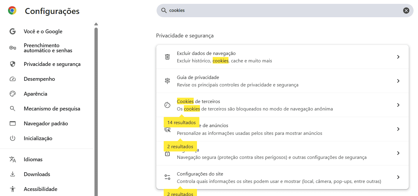 Captura de tela monstrando onde limpar os cookies do seu navegador Chrome.