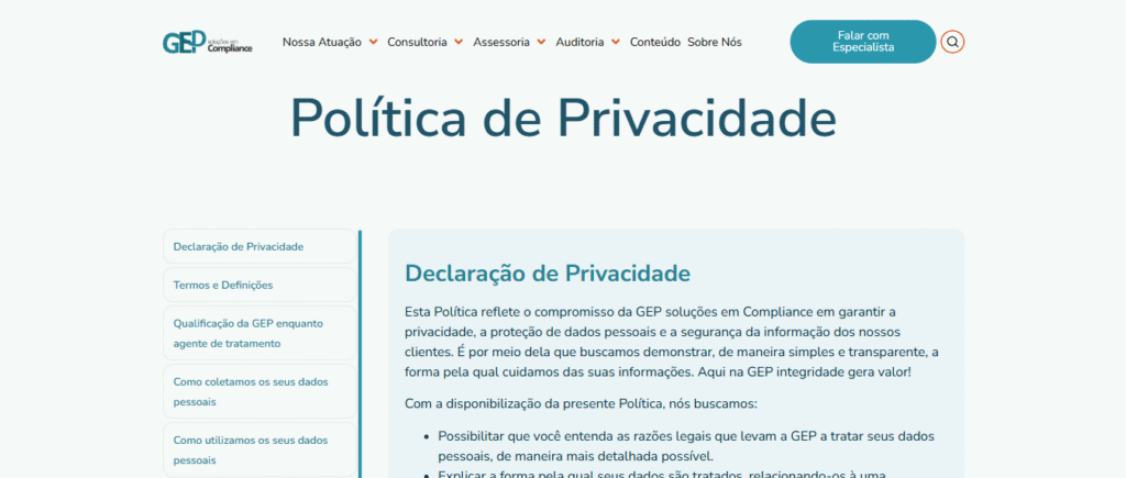Exemplo de como elaborar uma política de privacidade como a da GEP.